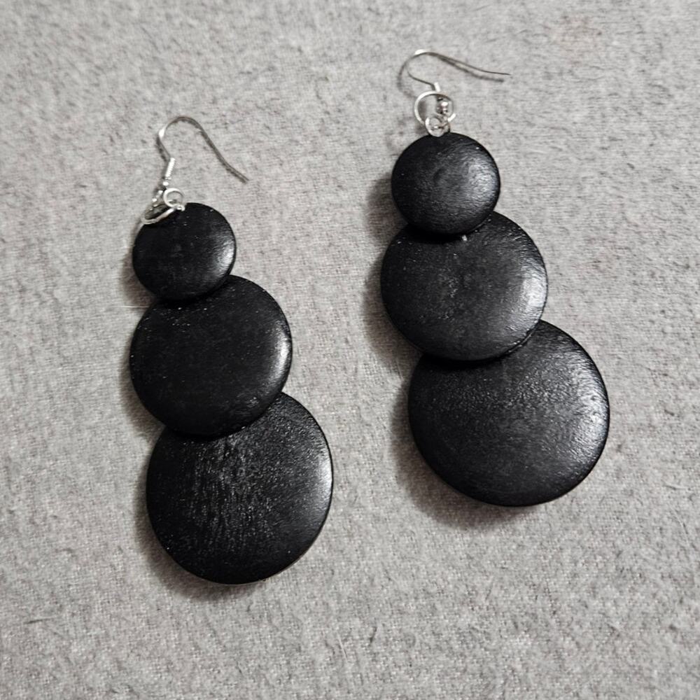 Boutique Jet Black Triple Circle Wooden Drop Earrings ~ Casual ~ Minimalist